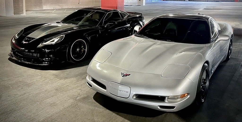 image001-e1747840097161 a C6 & C5 Corvette in a parking garage