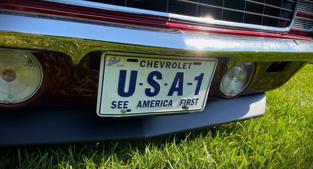 USA-1 See America First License Plate on a Camaro